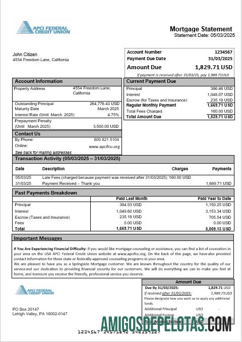 Declaração de hipoteca da cooperativa de crédito federal APCI dos EUA em formatos Word e PDF exemplo real